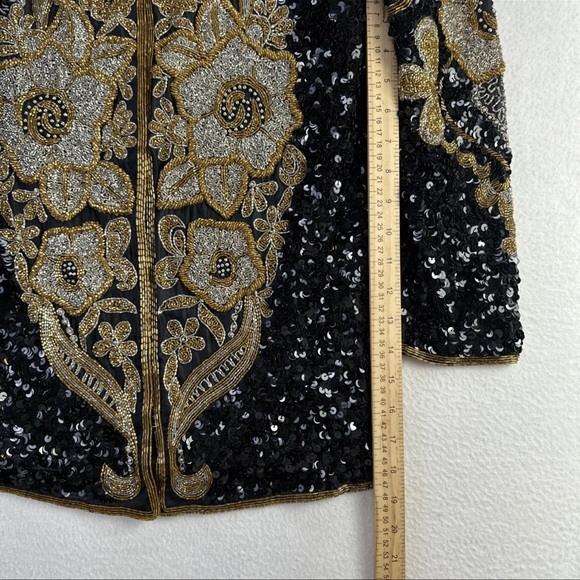 Vintage Night Vogue Black Sequin Silk Jacket Gold Embroidery Formal Sz M - Picture 8 of 10